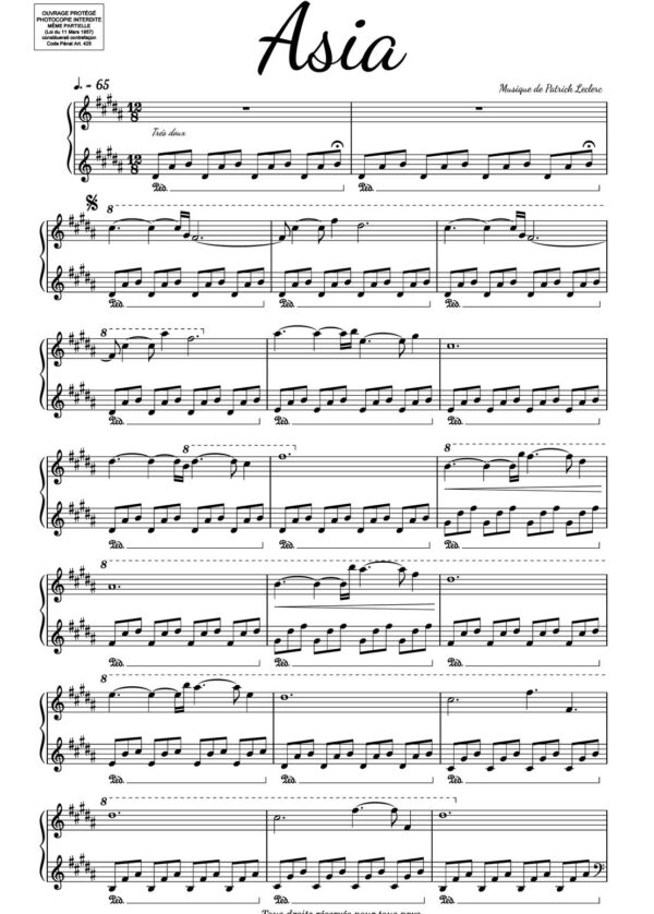 Partition de piano originale et facile à jouer Asia