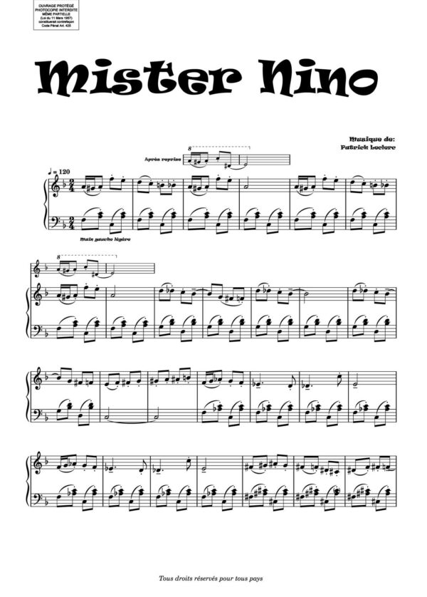 Partition de Piano Facile et Originale Mister Nino